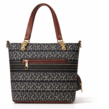 Elegant Black Printed Tote Bag with Tan Trim