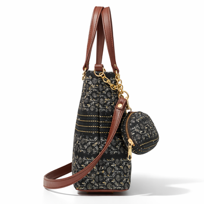 Elegant Black Printed Tote Bag with Tan Trim