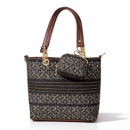 Elegant Black Printed Tote Bag with Tan Trim