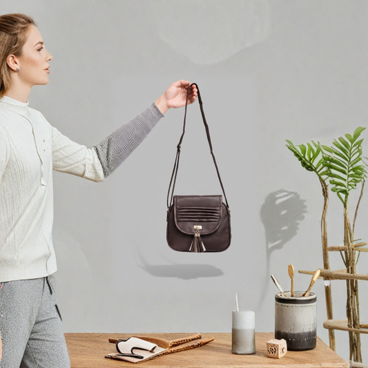 Women's Brown Compact Sling Bag with Tassel & Organizer Pockets