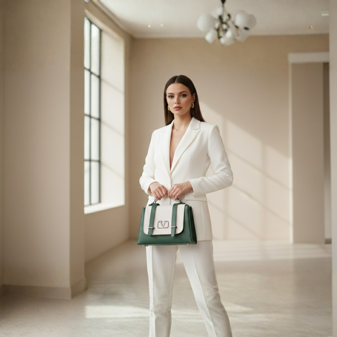Elegant Green & White Satchel Bag for Women
